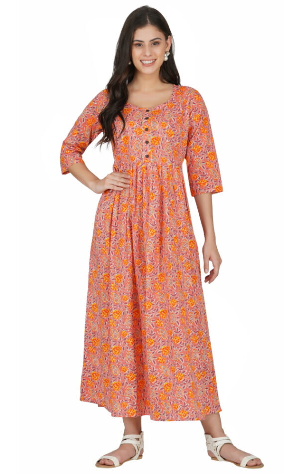 Buy Pink Orange Floral Cotton Printed Maternity Dress Online