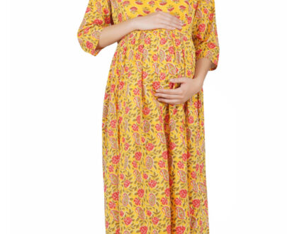 Buy Yellow Floral Block Print Cotton Maternity Dress Online