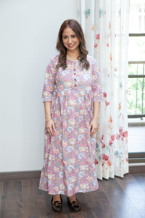 Buy Pink & Grey Cotton Printed Maternity Dresses Online