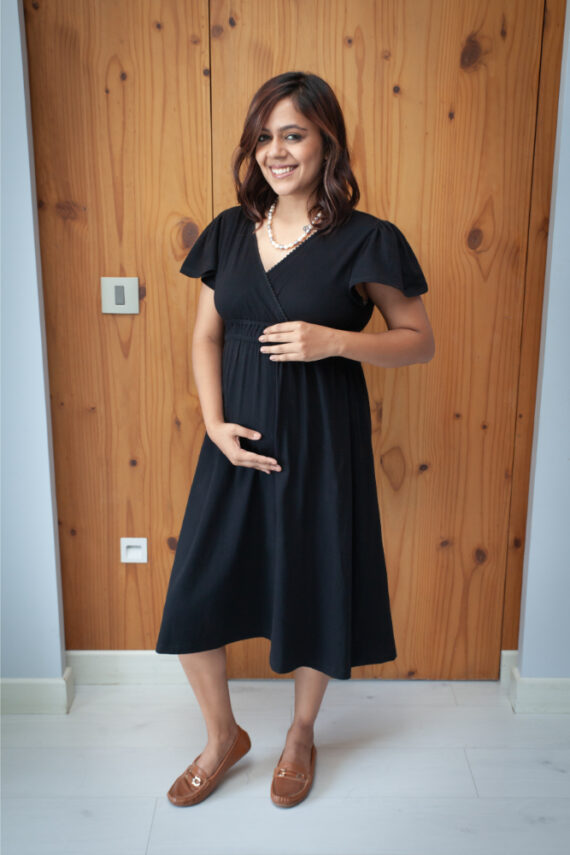 Classic Black Maternity & Nursing Dress with Lace Neckline Online